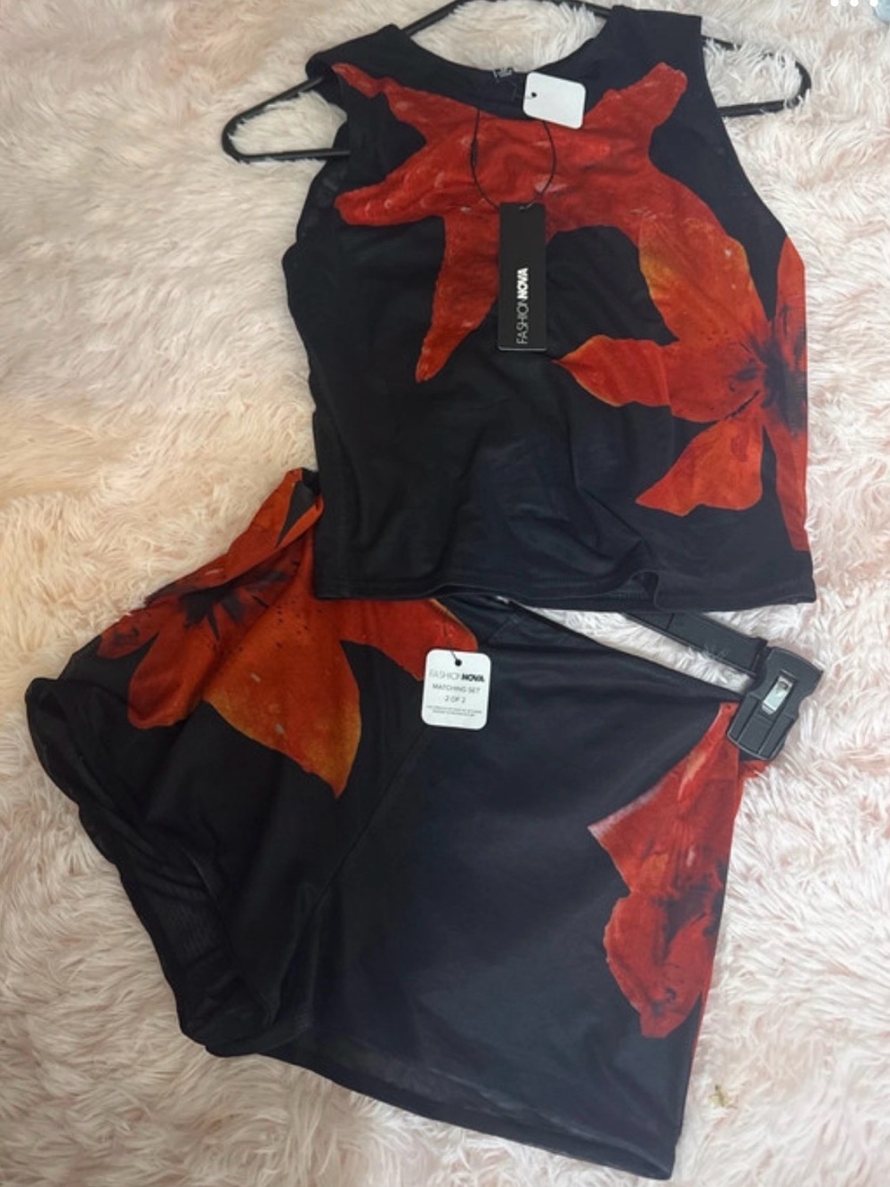 Fashion Nova Black Athletic Shorts with Red Floral Accents
